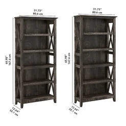Bush Furniture Bookcases<Key West 66"H 5-Shelf Bookcase with Adjustable Shelves, Dark Gray Hickory Wood, 2/Set (KWS046GH)