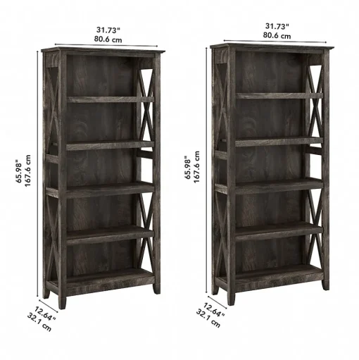 Bush Furniture Bookcases<Key West 66"H 5-Shelf Bookcase with Adjustable Shelves, Dark Gray Hickory Wood, 2/Set (KWS046GH)