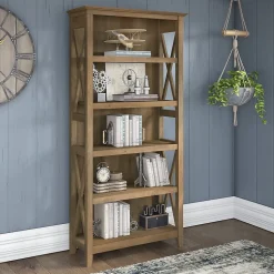 Bush Furniture Bookcases<Key West 66"H 5-Shelf Bookcase with Adjustable Shelves, Reclaimed Pine Laminated Wood (KWB132RCP-03)