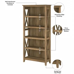 Bush Furniture Bookcases<Key West 66"H 5-Shelf Bookcase with Adjustable Shelves, Reclaimed Pine Laminated Wood (KWB132RCP-03)