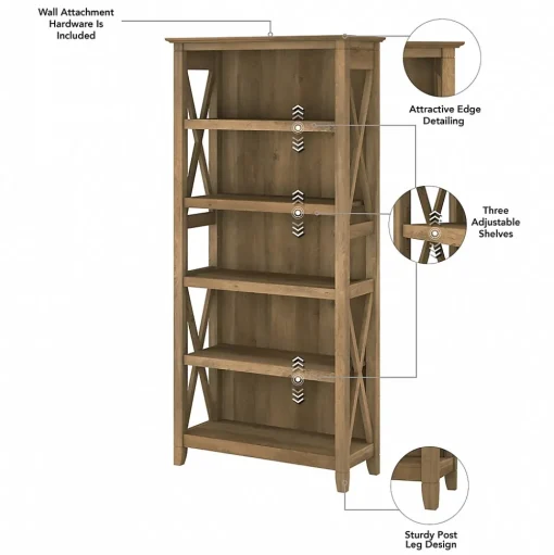 Bush Furniture Bookcases<Key West 66"H 5-Shelf Bookcase with Adjustable Shelves, Reclaimed Pine Laminated Wood (KWB132RCP-03)