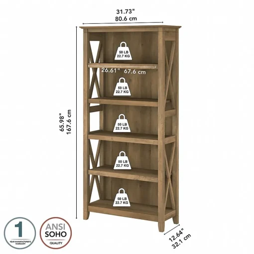 Bush Furniture Bookcases<Key West 66"H 5-Shelf Bookcase with Adjustable Shelves, Reclaimed Pine Laminated Wood (KWB132RCP-03)