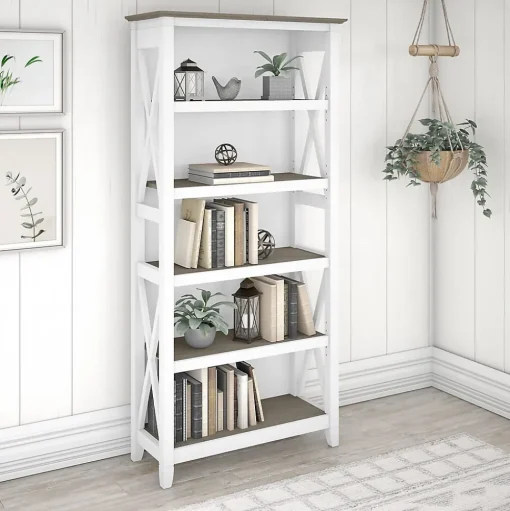 Bush Furniture Bookcases<Key West 5-Shelf 66"H Bookcase, Shiplap Gray/Pure White (KWB132G2W-03)