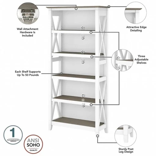 Bush Furniture Bookcases<Key West 5-Shelf 66"H Bookcase, Shiplap Gray/Pure White (KWB132G2W-03)