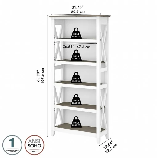 Bush Furniture Bookcases<Key West 5-Shelf 66"H Bookcase, Shiplap Gray/Pure White (KWB132G2W-03)