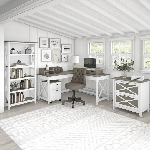 Bush Furniture Bookcases<Key West 5-Shelf 66"H Bookcase, Shiplap Gray/Pure White (KWB132G2W-03)