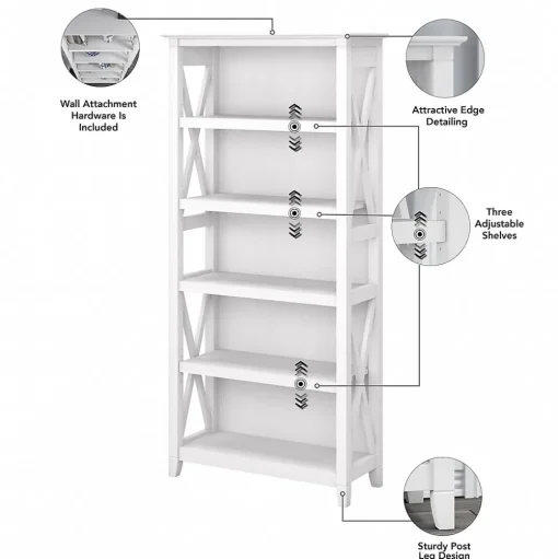 Bush Furniture Bookcases<Key West 5-Shelf 66"H Bookcase, Pure White Oak (KWB132WT-03)