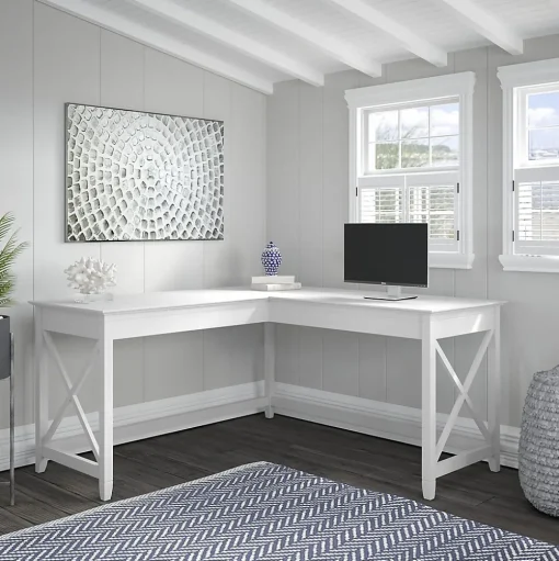 Bush Furniture Computer Desks<Key West 60"W L-Shaped Desk, Pure White Oak (KWD160WT-03)