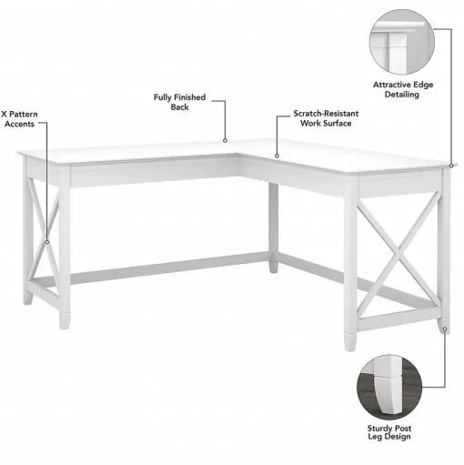 Bush Furniture Computer Desks<Key West 60"W L-Shaped Desk, Pure White Oak (KWD160WT-03)