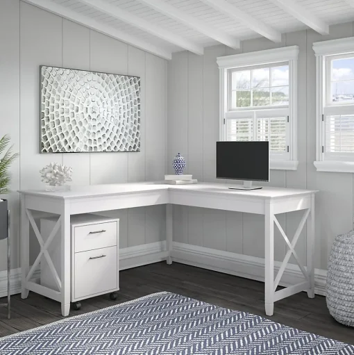 Bush Furniture Computer Desks<Key West 60"W L-Shaped Desk, Pure White Oak (KWD160WT-03)