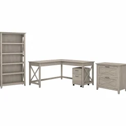 Bush Furniture L-Desks<Key West 60"W L Shaped Desk with File Cabinets and 5 Shelf Bookcase, Washed Gray (KWS017WG)