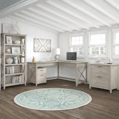 Bush Furniture L-Desks<Key West 60"W L Shaped Desk with File Cabinets and 5 Shelf Bookcase, Washed Gray (KWS017WG)