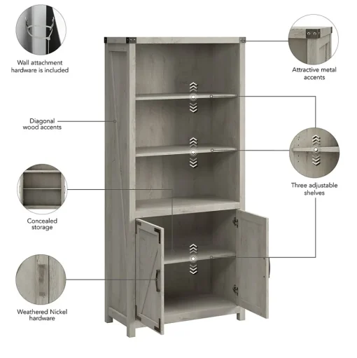 Bush Furniture Bookcases<Knoxville 72"H 5-Shelf Bookcase with Doors, Cottage White (CGB132CWH-03)