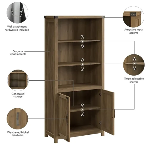 Bush Furniture Bookcases<Knoxville 72"H 5-Shelf Bookcase with Doors, Reclaimed Pine (CGB132RCP-03)