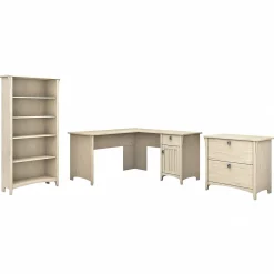 Bush Furniture Office Desks<Salinas 60"W L Shaped Desk with Lateral File Cabinet and 5 Shelf Bookcase, (SAL003AW)