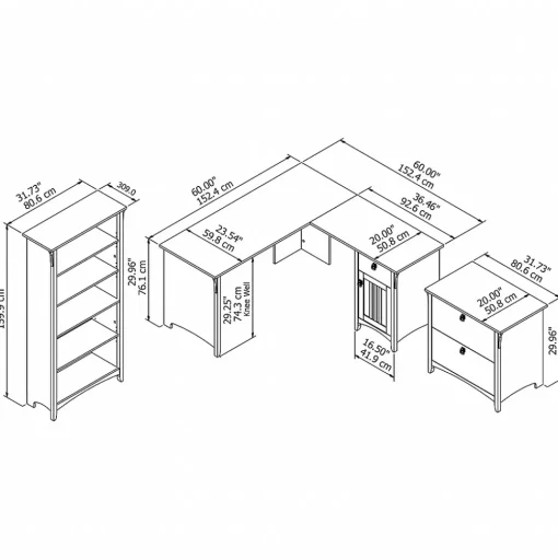 Bush Furniture Office Desks<Salinas 60"W L Shaped Desk with Lateral File Cabinet and 5 Shelf Bookcase, (SAL003AW)