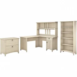 Bush Furniture Office Desks<Salinas 60"W L Shaped Desk with Hutch, Lateral File Cabinet and 5 Shelf Bookcase, (SAL007AW)