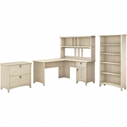 Bush Furniture Office Desks<Salinas 60"W L Shaped Desk with Hutch, Lateral File Cabinet and 5 Shelf Bookcase, (SAL007AW)