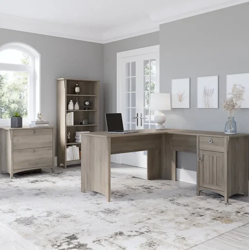 Bush Furniture L-Desks<Salinas 60"W L Shaped Desk with Lateral File Cabinet and 5 Shelf Bookcase, (SAL003DG)