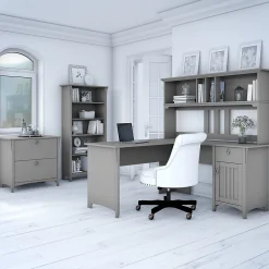 Bush Furniture L-Desks<Salinas 60"W L Shaped Desk with Hutch, Lateral File Cabinet and 5 Shelf Bookcase, (SAL007CG)