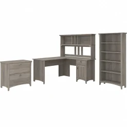 Bush Furniture L-Desks<Salinas 60"W L Shaped Desk with Hutch, Lateral File Cabinet and 5 Shelf Bookcase, (SAL007DG)