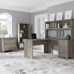 Bush Furniture L-Desks<Salinas 60"W L Shaped Desk with Hutch, Lateral File Cabinet and 5 Shelf Bookcase, (SAL007DG)