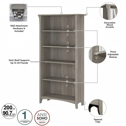 Bush Furniture L-Desks<Salinas 60"W L Shaped Desk with Hutch, Lateral File Cabinet and 5 Shelf Bookcase, (SAL007DG)