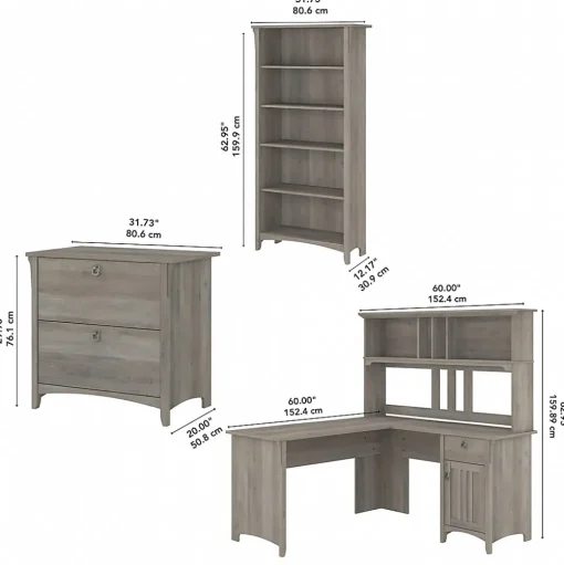 Bush Furniture L-Desks<Salinas 60"W L Shaped Desk with Hutch, Lateral File Cabinet and 5 Shelf Bookcase, (SAL007DG)