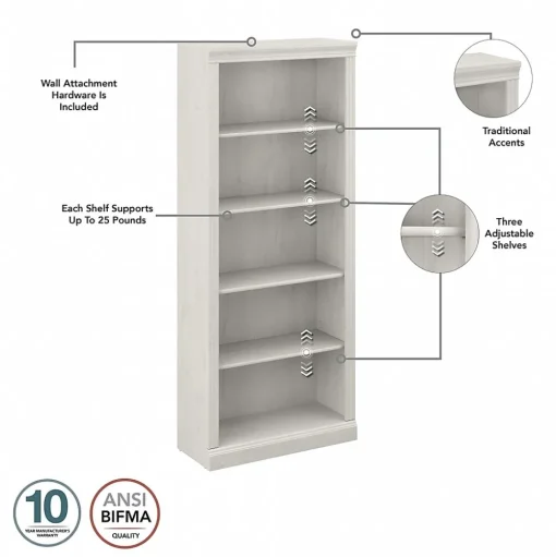 Bush Furniture Bookcases<Saratoga 72"H 5-Shelf Bookcase with Adjustable Shelves, Linen White Oak Laminate (W1645C-03)
