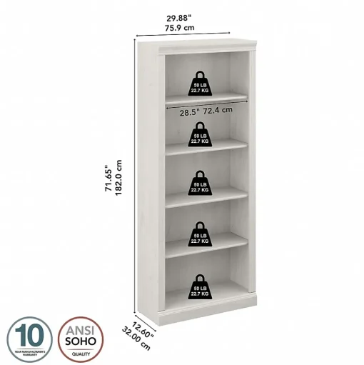 Bush Furniture Bookcases<Saratoga 72"H 5-Shelf Bookcase with Adjustable Shelves, Linen White Oak Laminate (W1645C-03)