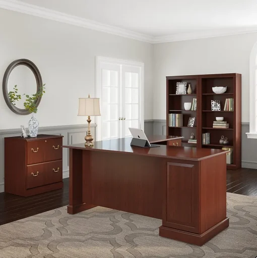 Bush Furniture Corner Desks<Saratoga 66"W L Shaped Computer Desk with Drawers, Harvest Cherry (EX45670-03K)
