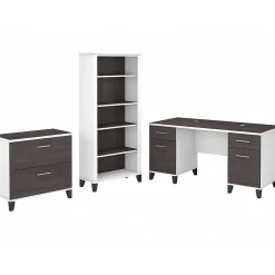 Bush Furniture Computer Desks<Somerset 60" Computer Desk with Lateral File Cabinet and 5-Shelf Bookcase, (SET013SGWH)