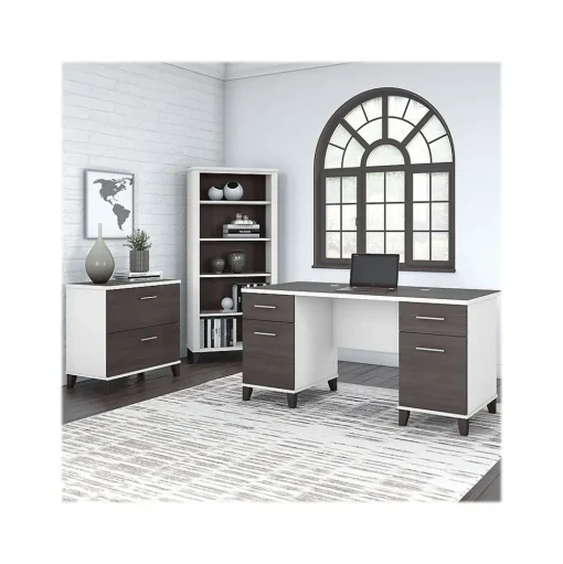 Bush Furniture Computer Desks<Somerset 60" Computer Desk with Lateral File Cabinet and 5-Shelf Bookcase, (SET013SGWH)