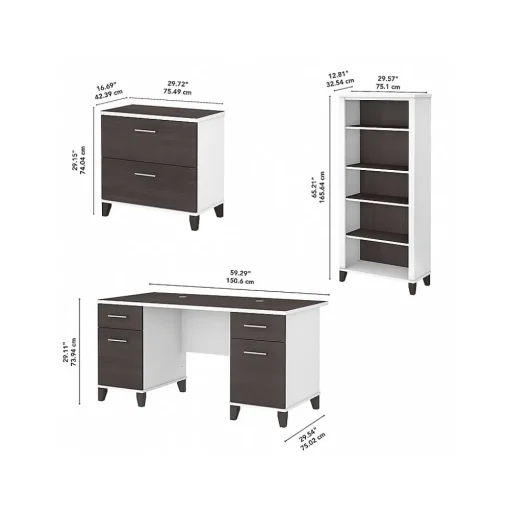 Bush Furniture Computer Desks<Somerset 60" Computer Desk with Lateral File Cabinet and 5-Shelf Bookcase, (SET013SGWH)