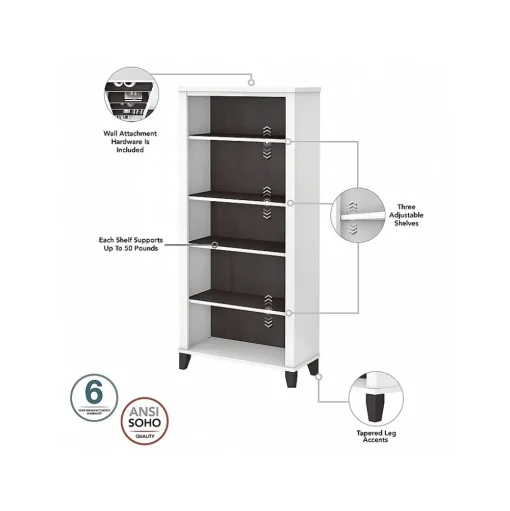 Bush Furniture Computer Desks<Somerset 60" Computer Desk with Lateral File Cabinet and 5-Shelf Bookcase, (SET013SGWH)