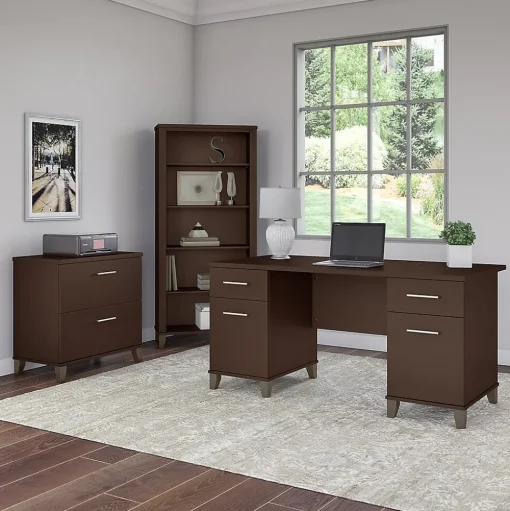 Bush Furniture Computer Desks<Somerset 60"W Office Desk with Lateral File Cabinet and 5 Shelf Bookcase, (SET013MR)