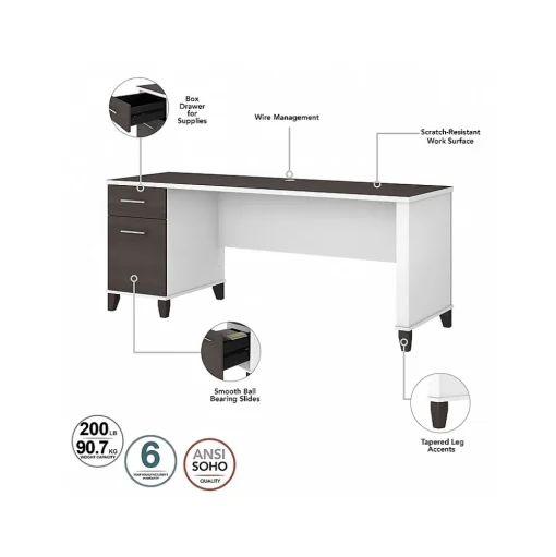 Bush Furniture Office Desks<Somerset 72"W Office Desk with Drawers and Hutch, (SET018SGWH)