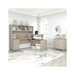 Bush Furniture Office Desks<Somerset 72"W 3 Position Sit to Stand L Shaped Desk with Hutch and File Cabinet, (SET016SO)