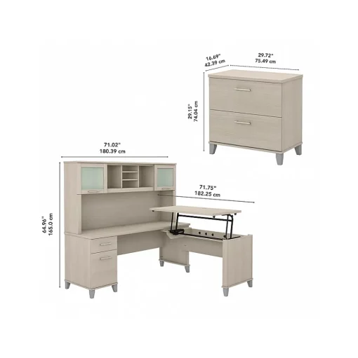 Bush Furniture Office Desks<Somerset 72"W 3 Position Sit to Stand L Shaped Desk with Hutch and File Cabinet, (SET016SO)