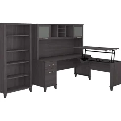 Bush Furniture L-Desks<Somerset 72"W 3 Position Sit to Stand L Shaped Desk with Hutch and Bookcase, (SET017SG)