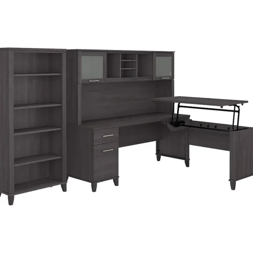 Bush Furniture L-Desks<Somerset 72"W 3 Position Sit to Stand L Shaped Desk with Hutch and Bookcase, (SET017SG)