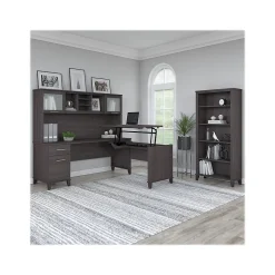 Bush Furniture L-Desks<Somerset 72"W 3 Position Sit to Stand L Shaped Desk with Hutch and Bookcase, (SET017SG)