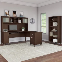 Bush Furniture L-Desks<Somerset 72"W L Shaped Desk with Hutch and 5 Shelf Bookcase, Mocha Cherry (SET011MR)