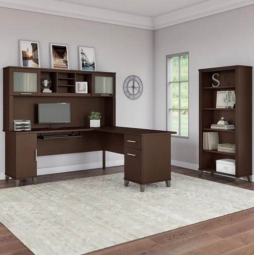 Bush Furniture L-Desks<Somerset 72"W L Shaped Desk with Hutch and 5 Shelf Bookcase, Mocha Cherry (SET011MR)