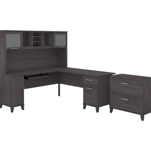 Bush Furniture L-Desks<Somerset 72"W L Shaped Desk with Hutch and Lateral File Cabinet, (SET009SG)