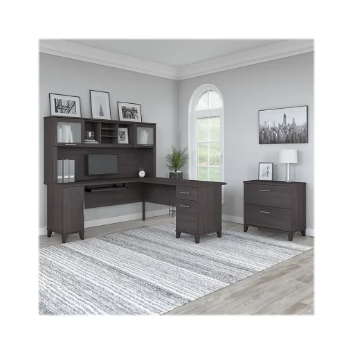 Bush Furniture L-Desks<Somerset 72"W L Shaped Desk with Hutch and Lateral File Cabinet, (SET009SG)