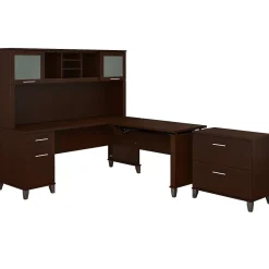 Bush Furniture L-Desks<Somerset 72"W 3 Position Sit to Stand L Shaped Desk with Hutch and File Cabinet, (SET016MR)