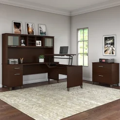 Bush Furniture L-Desks<Somerset 72"W 3 Position Sit to Stand L Shaped Desk with Hutch and File Cabinet, (SET016MR)