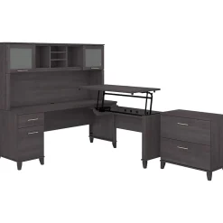 Bush Furniture L-Desks<Somerset 72"W 3 Position Sit to Stand L Shaped Desk with Hutch and File Cabinet, (SET016SG)