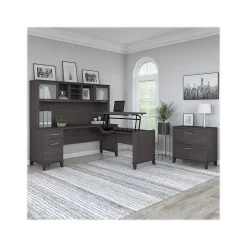 Bush Furniture L-Desks<Somerset 72"W 3 Position Sit to Stand L Shaped Desk with Hutch and File Cabinet, (SET016SG)